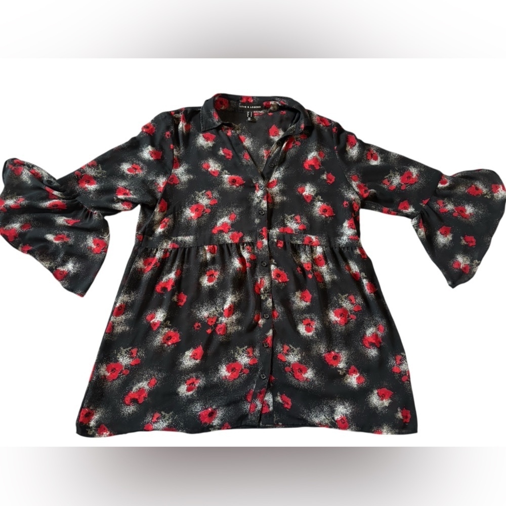 Love & Legend Black Red Floral Button Front Blouse Long Sleeve Size 14